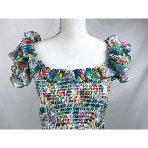 ASTR The Label XL Green Pink Blue Floral Smocked Sleeveless Dress Flutter Sleeve - Picture 2 of 12
